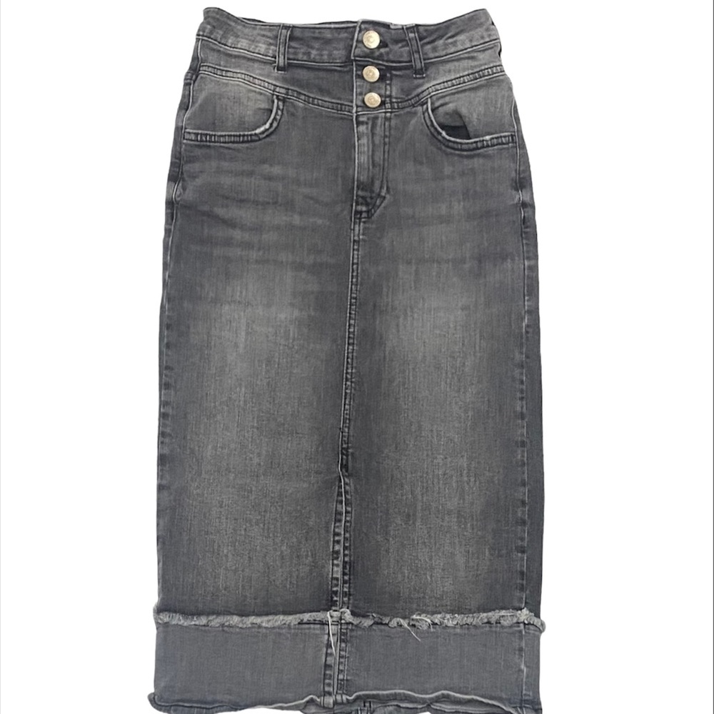 Zara Midi Denim Pencil Skirt Gray Washed Black Open Front Distressed XS